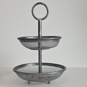 Elegant Two-Tier Galvanized Mesh Metal Basket Serving Stand Tray Farmhouse